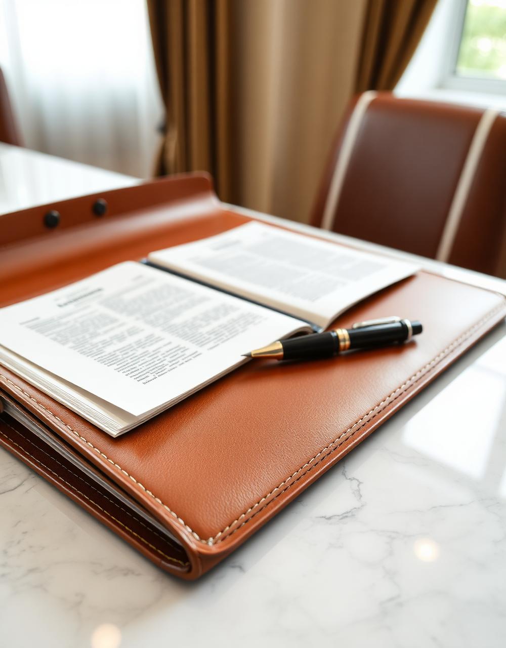 Open legal portfolio with paperwork on a marble desk